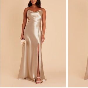 Birdy Grey Lisa Long Dress in Shiny Satin Neutral Champagne